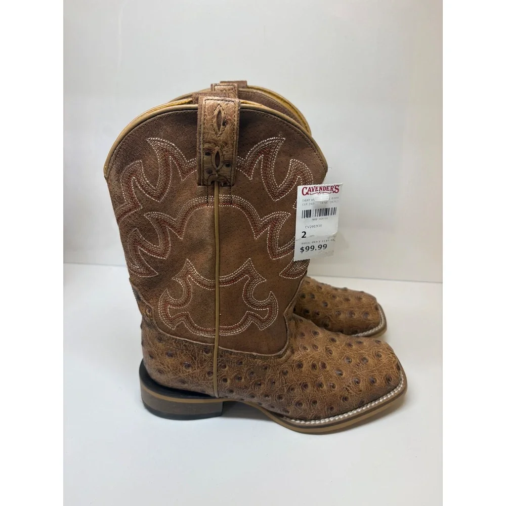 Cavenders Youth Ostrich Print Square Toe Cowboy Boots Brown CV20193Y Size 2D